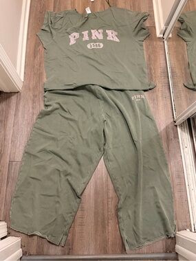 PINK Victoria's Secret Olive Green Kids Two-Piece Pajama Set with Pink Logo